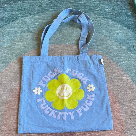 Thinking Out Of Turn Blue Mini Tote Bag with Smiley Flower Design Quote - Picture 1 of 8